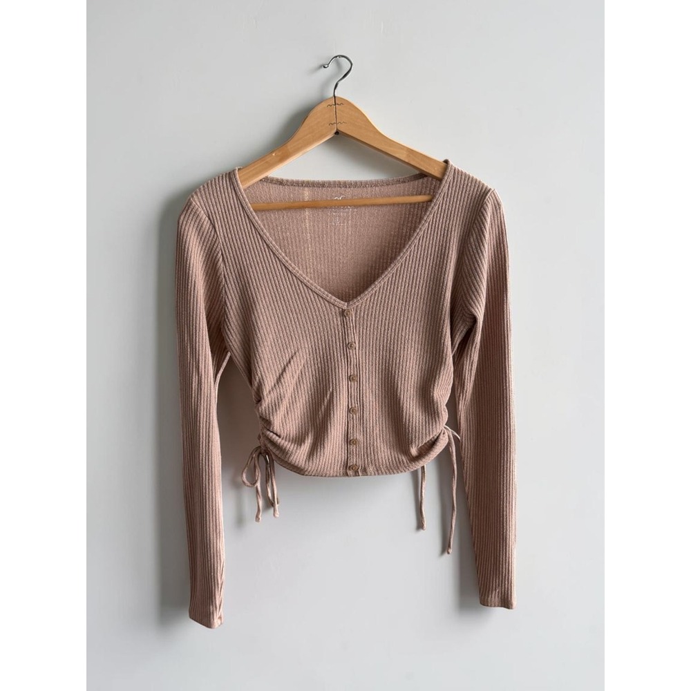 Hollister Must-Have Collection Ribbed Long Sleeve Cinched Side Baby Tee Mauve M